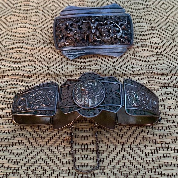 Vintage French colonial era silver brooch and bracelet from Indochina - Picture 5 of 7